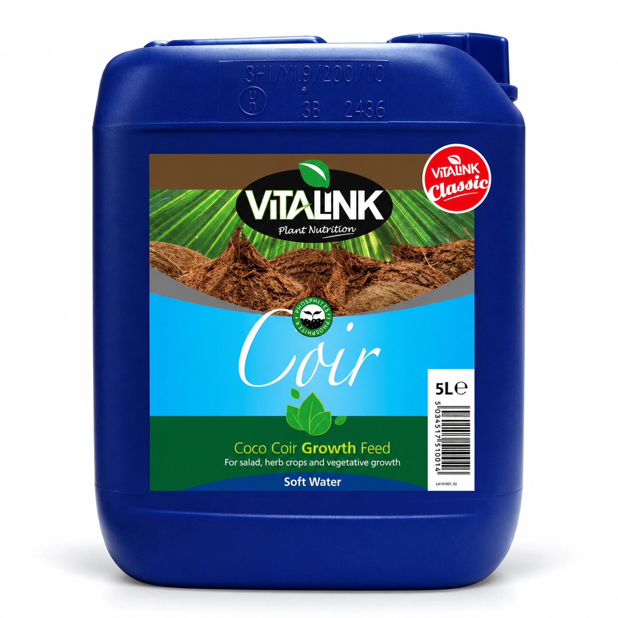 A 5-liter blue plastic bucket of Vitalink Classic Coco Coir Growth Feed, featuring a colorful label with coconut coir texture and a red 'Vitalink Classic' badge.